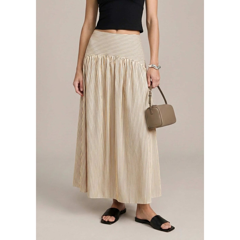 NWT CAARA Vashti Cotton Drop Waist Maxi Skirt in Cream Brown Stripe - Size 0